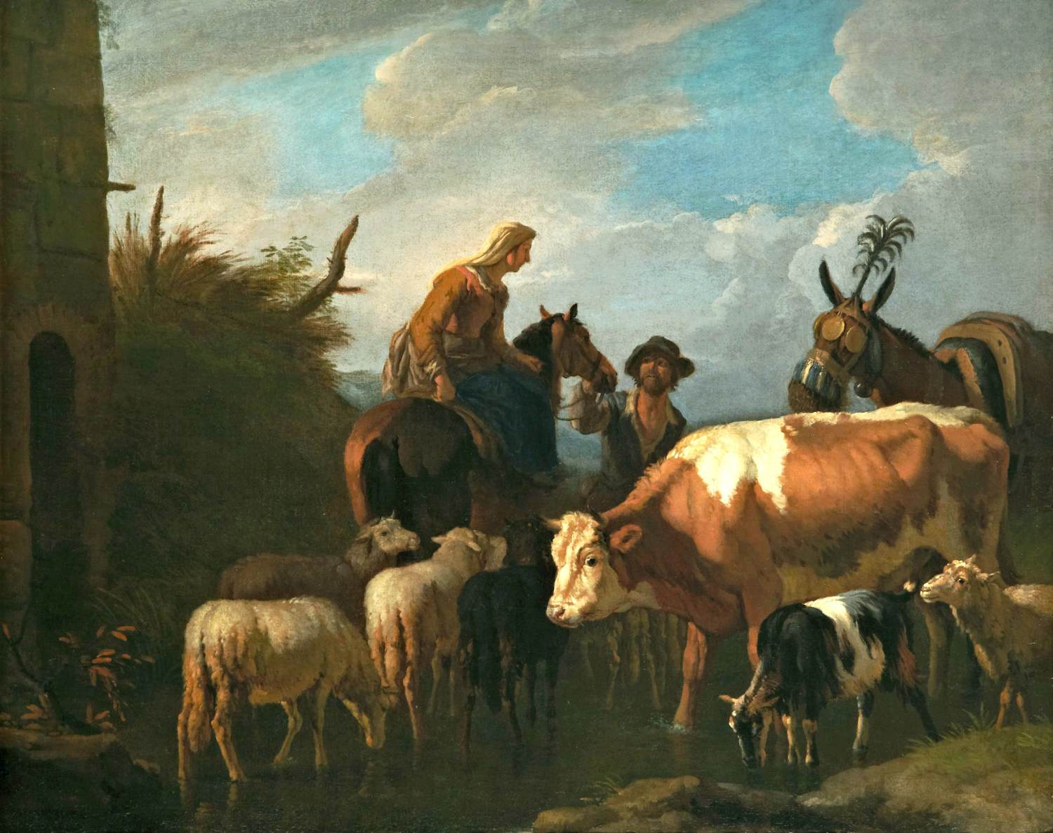 Peasant Couple Between Their Cattle and Sheep