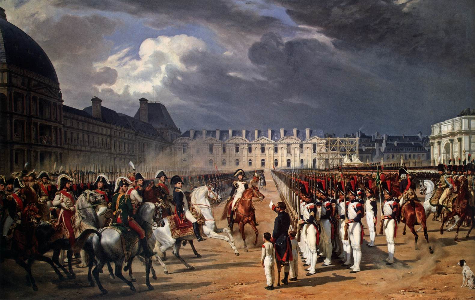 En ugyldig, der præsenterer en andragende til Napoleon i en parade i gården i paladset i Tublerías