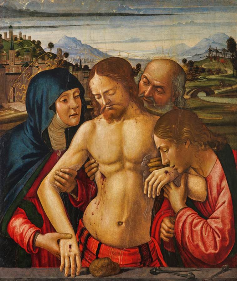 Christus unterstützt von der Jungfrau, dem Heiligen Johannes, dem Evangelisten und Joseph von Arimea