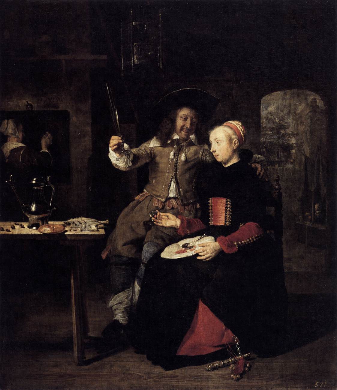 Portret van de kunstenaar met zijn vrouw Isabella de Wolff in een taverne