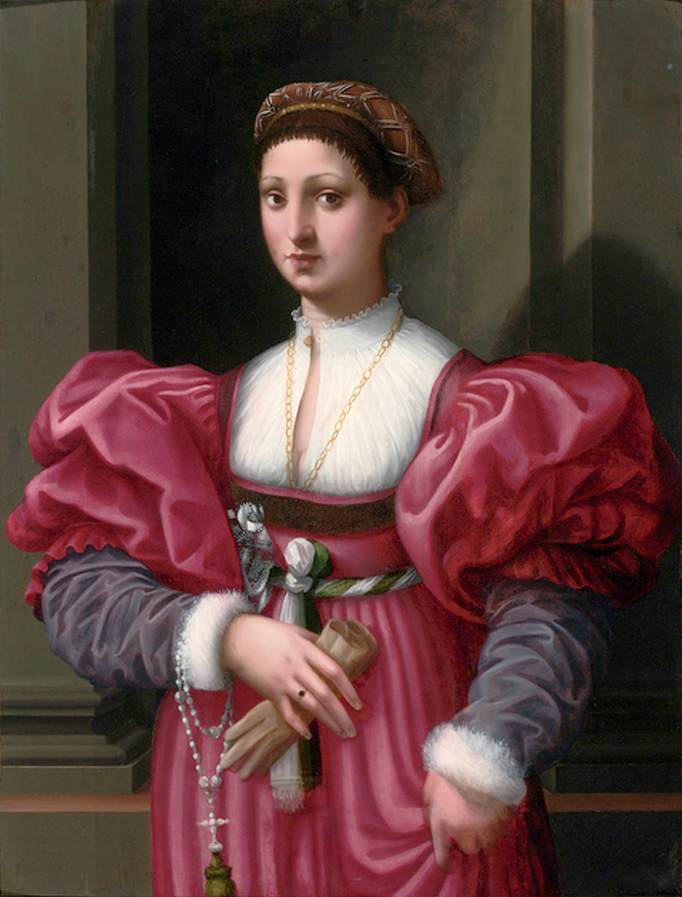 Portret kobiety z szkarłatną sukienką
