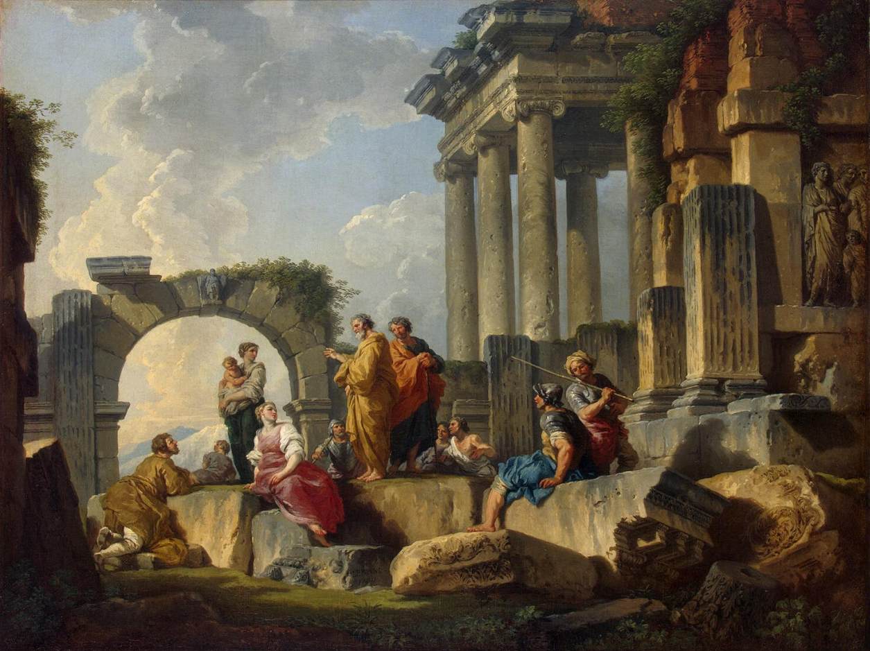 De apostel Paulus predikt in de ruïnes