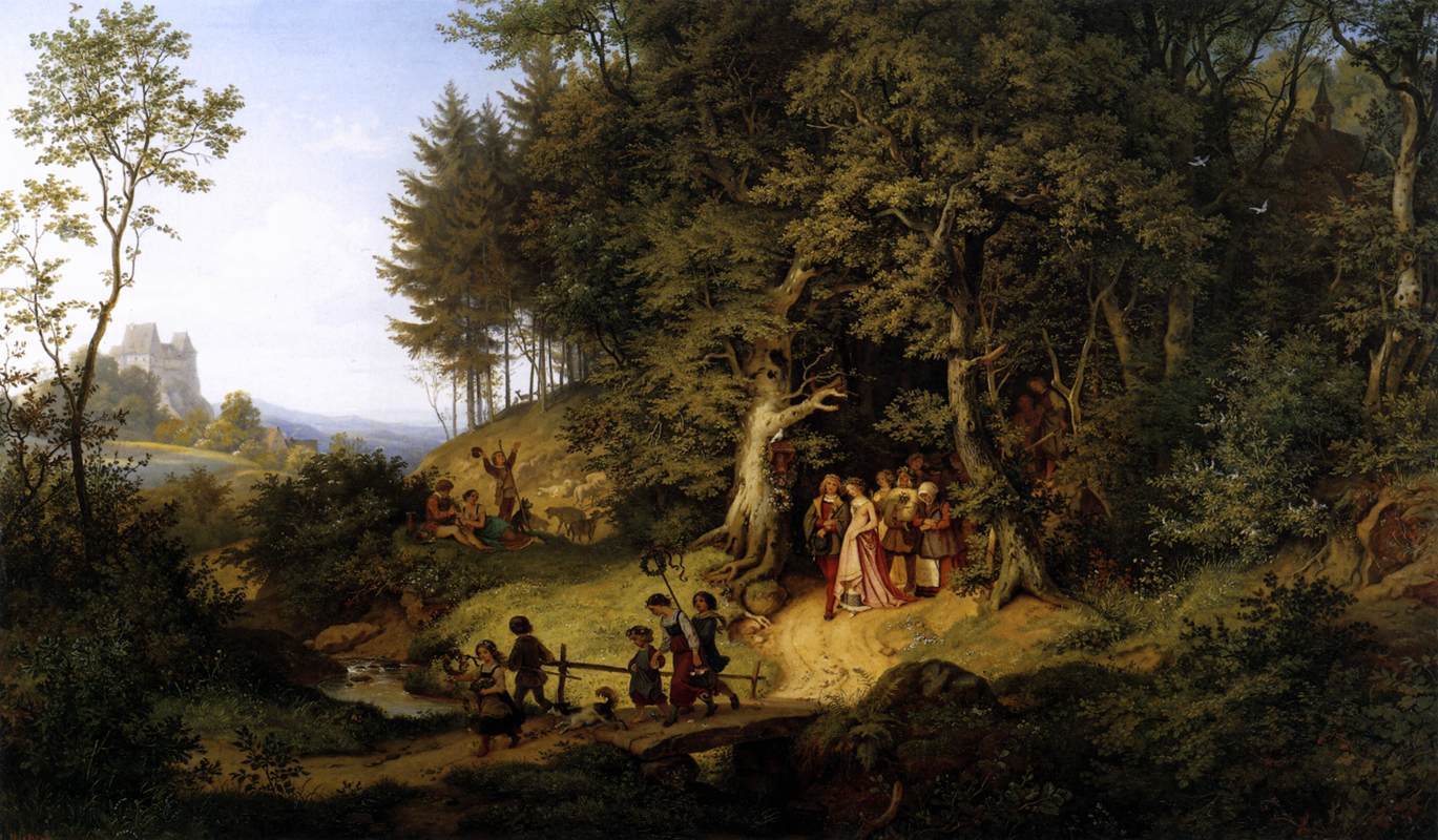 Procession de mariée dans un paysage printanier