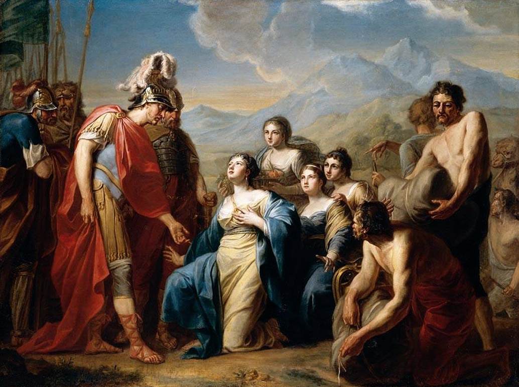 De koningin van Saba kniel tegen koning Solomon