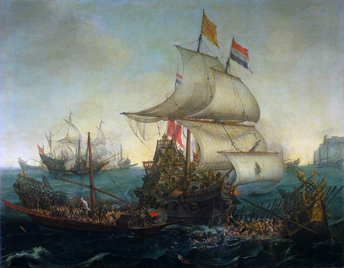 Hollandske skibe Embolsar spanske galejer over den flamske kyst i oktober 1602