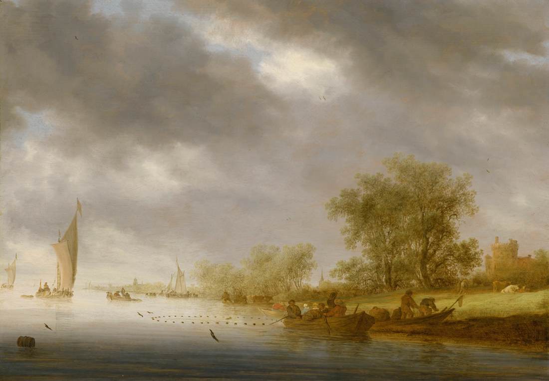 Paisagem do rio com barcos e Castelo de Liesvelt