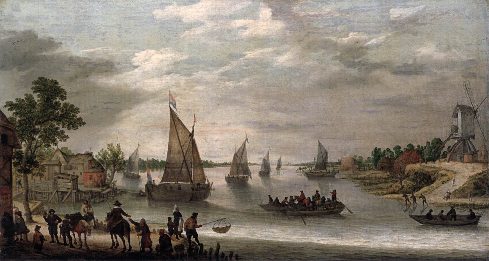 River scene med skibe