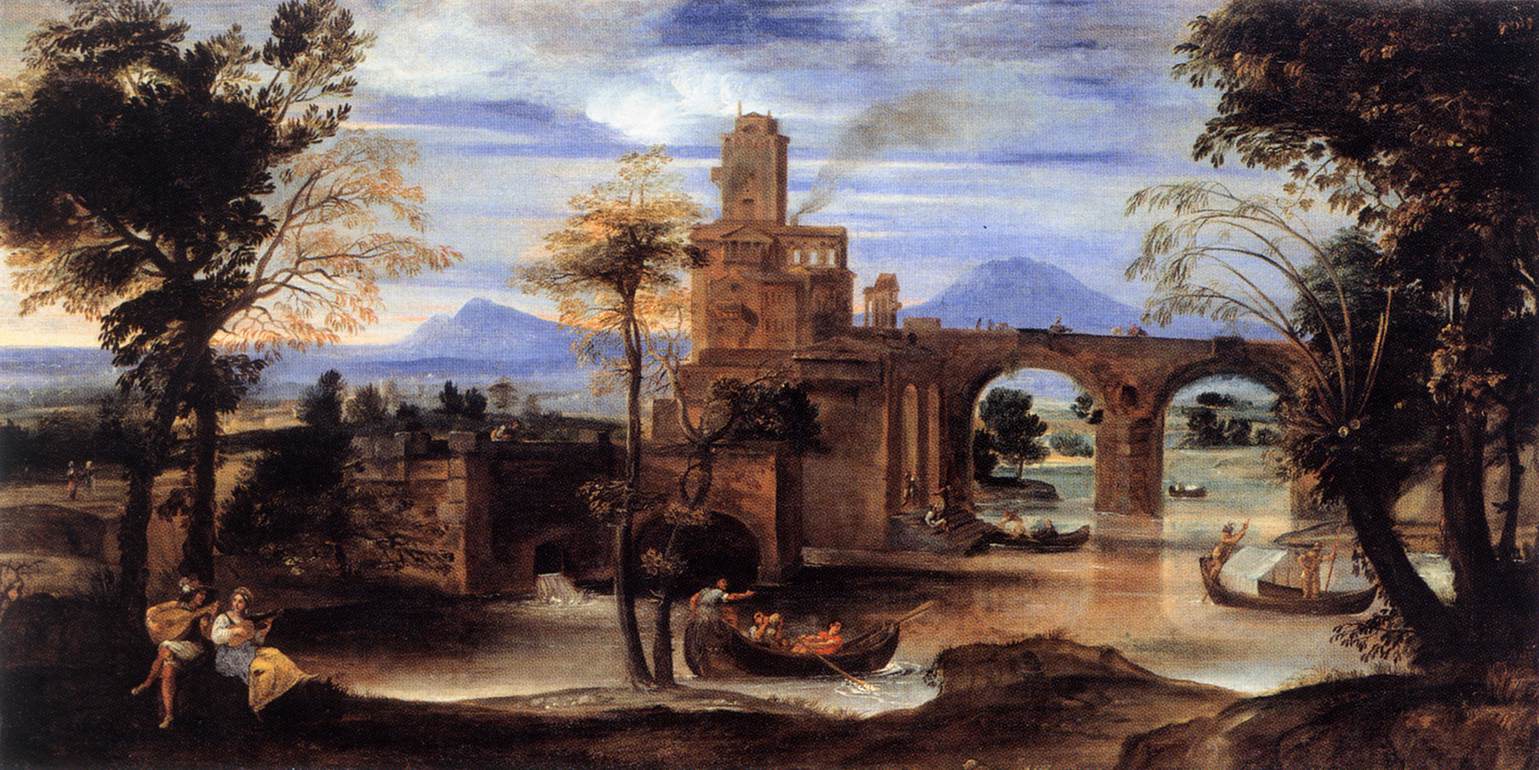 Paesaggio del fiume romano con Castillo e Puente