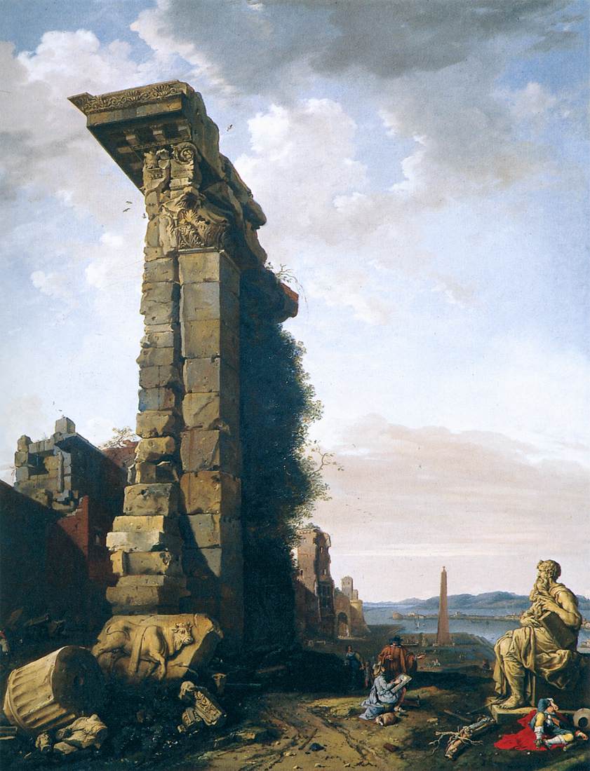 Vista idealizzata con rovine romane, sculture e un porto