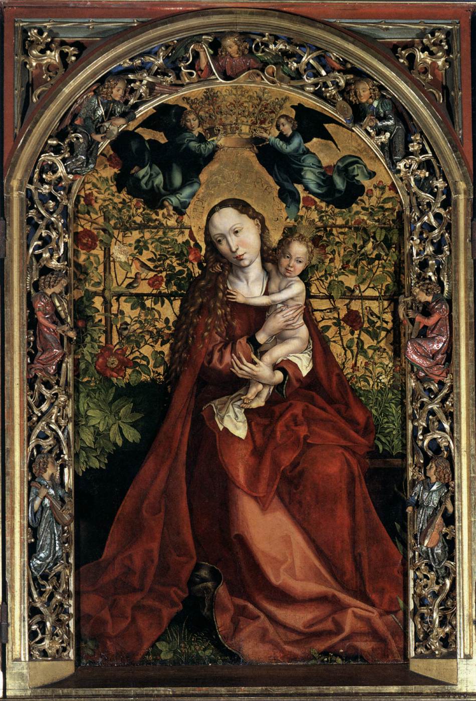 Jomfruen og barnet i en rose arbor