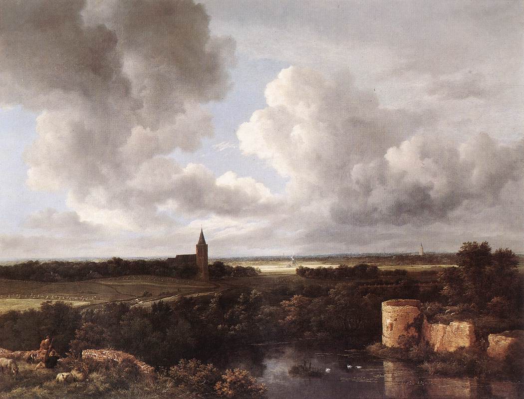 Een uitgebreid landschap met een kasteel in ruïnes en een kerk van de stad