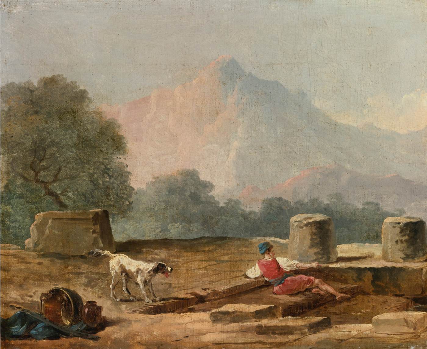 A Boy and a Dog Among the Ruins