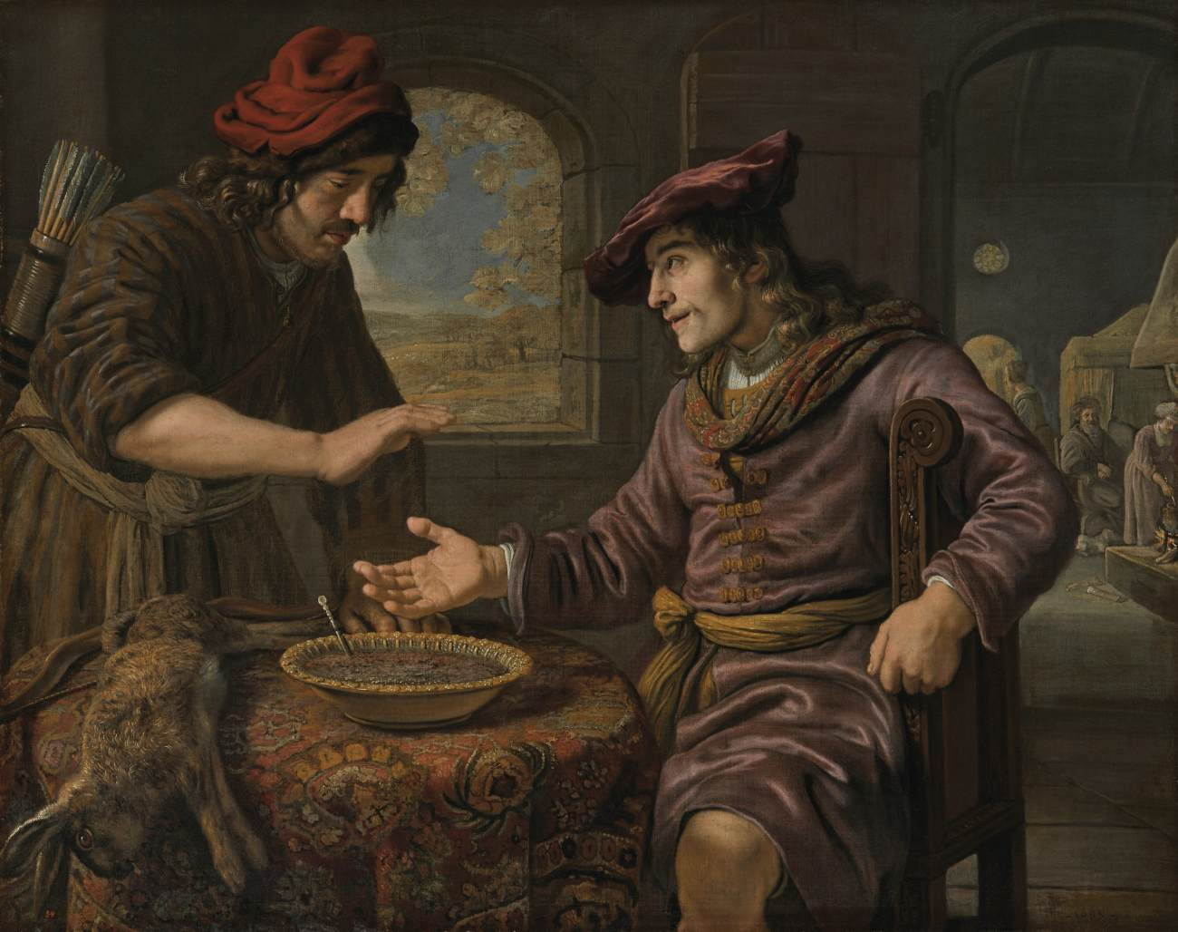 Esaú vende a primogenitura a Tiago ao lado de uma tigela de lentilhas