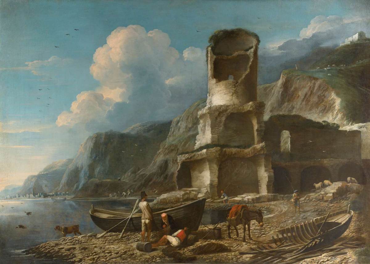 Maritiem uitzicht met vissers en tuimelstoten toren