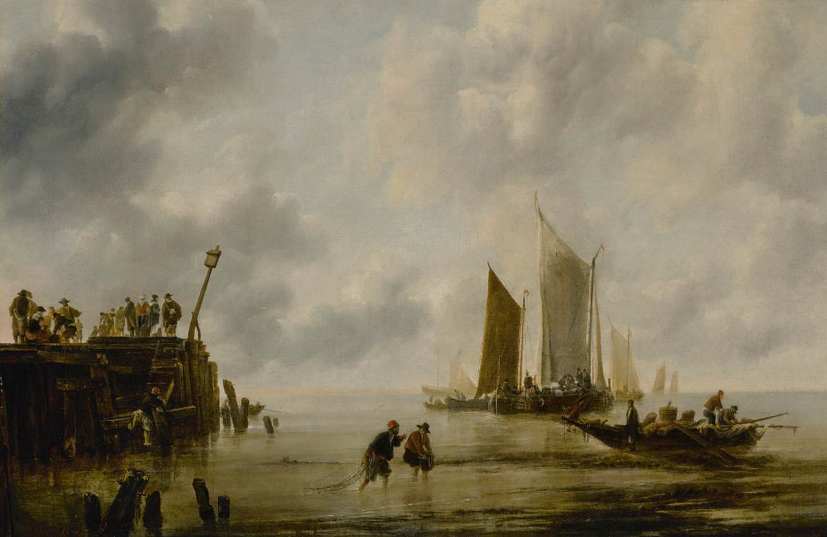 Tide with Fishermen and Figures on a Dock