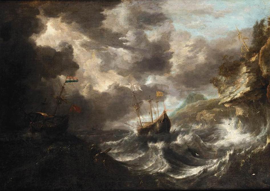 Ship in a Storm Next to a Rocky Coast