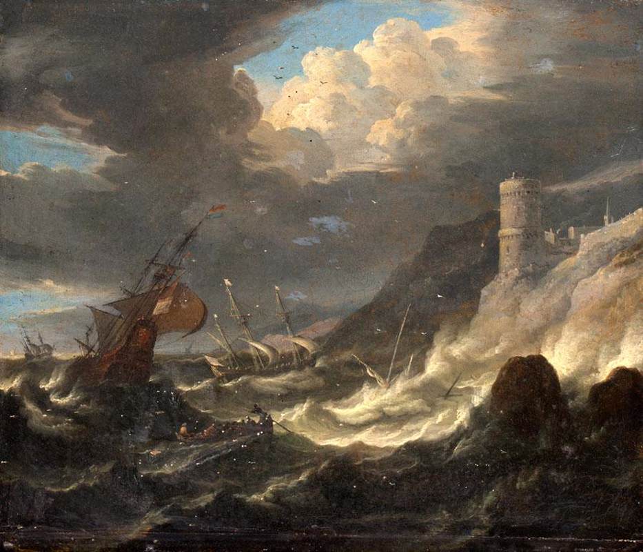 Ship of a Rocky Coast in Storm