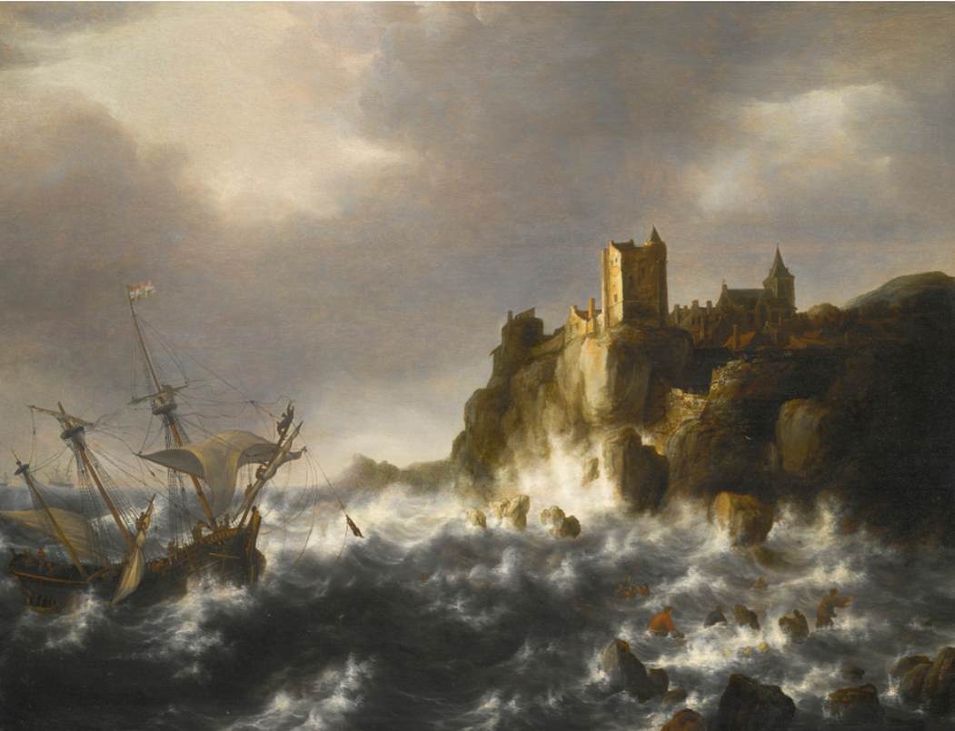 Skibsvrag i Stormy Seas, nær en klippekyst