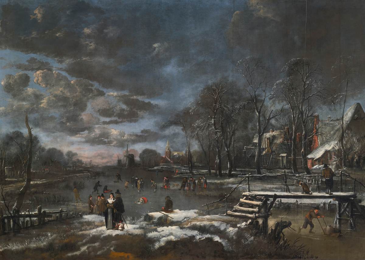Patinadores e jogadores de Kolf em um rio congelado