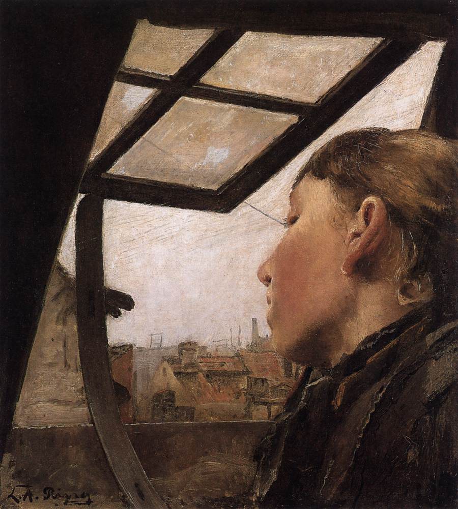 Menina olhando para fora de uma clarabóia