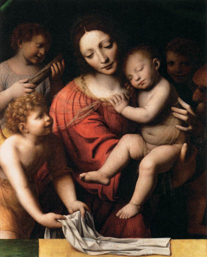 הבתולה אוחזת בילד ישן, עם סנט ג'ון ושני מלאכים