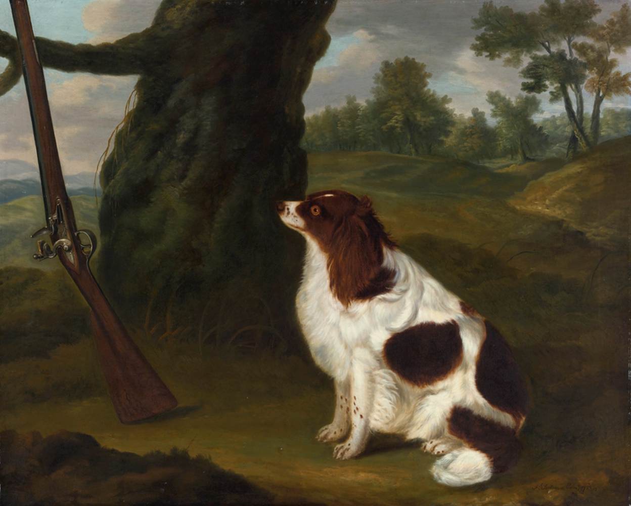 Eine Spaniel und eine Flintlock -Schrotflinte in einer Landschaft