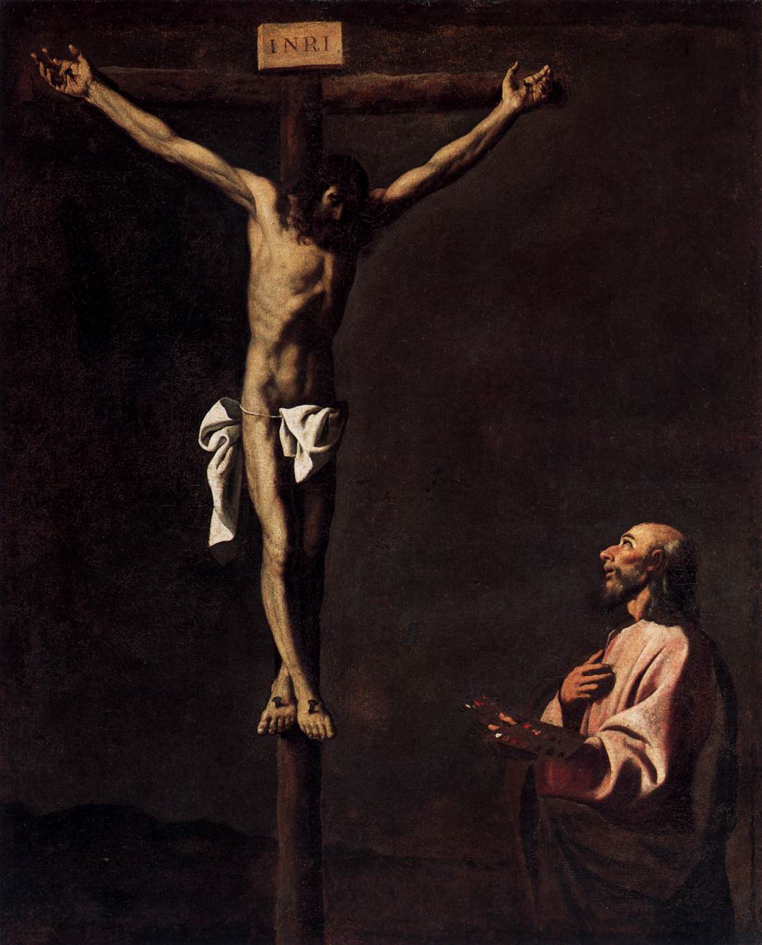 Saint Lucas som maler foran Kristus på korset