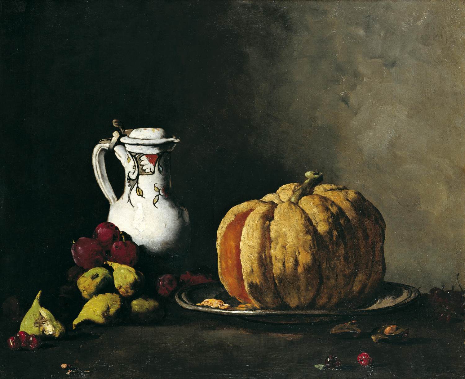 Still Life of Pumpkin, Plums, Cherries, Figs and Jug