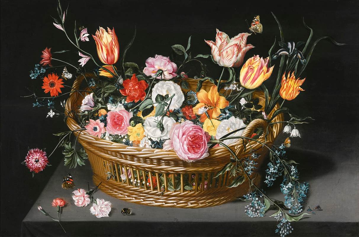 Flower Delivery in a Basket on a Stone Ledge