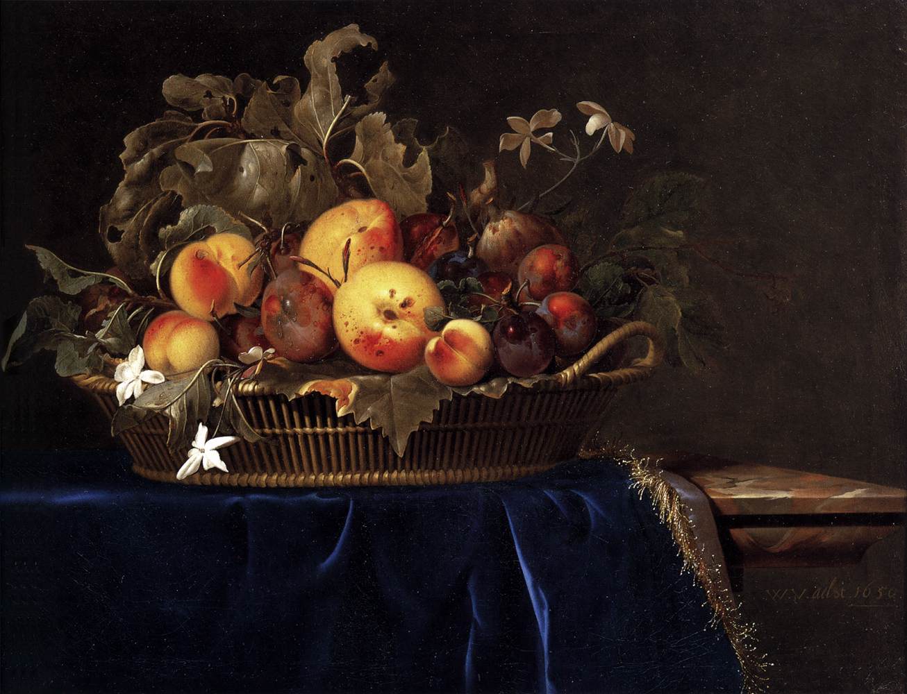 Bodegón con un cesto di frutta su uno scaffale in marmo