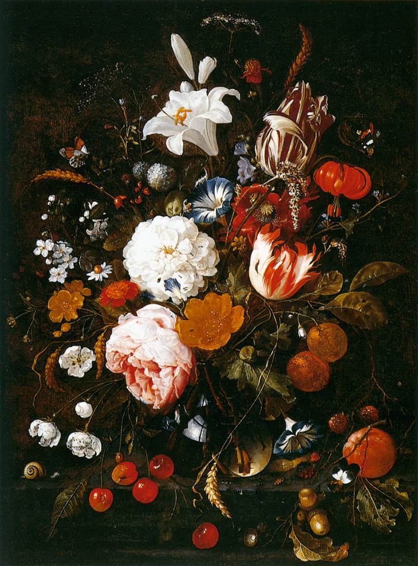 Still Life with Flowers in a Glass Vase and Fruit