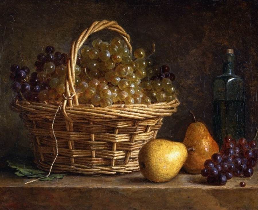 Bodegón avec panier de raisin et bouteille de vin