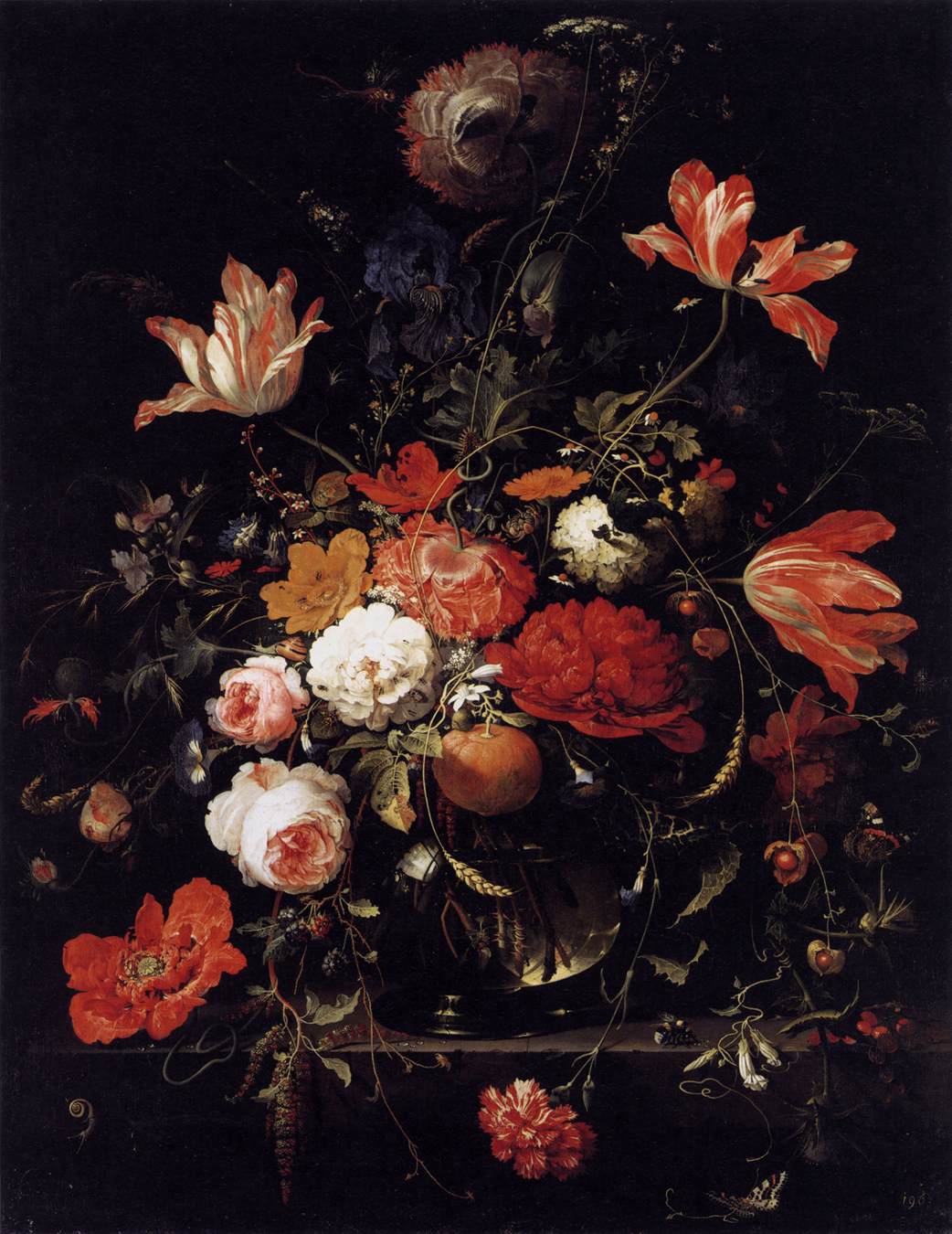 A Vase of Flowers and an Orange Twig