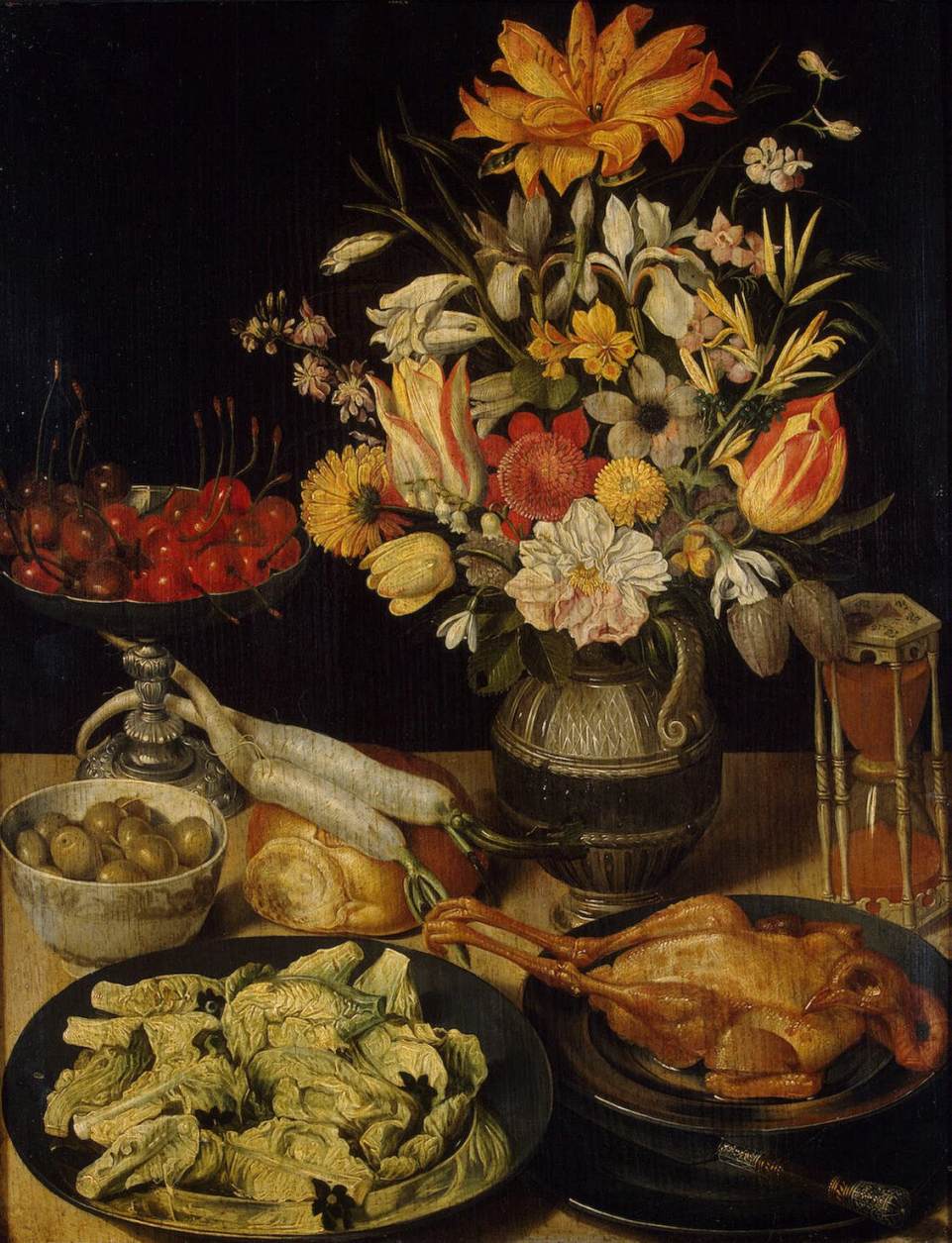 Still Life of Flowers and Sandwiches