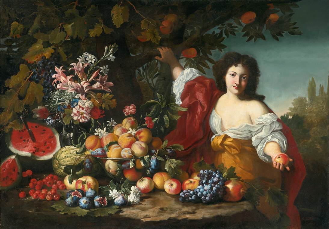 Sollevare la natura con frutta e fiori con una figura