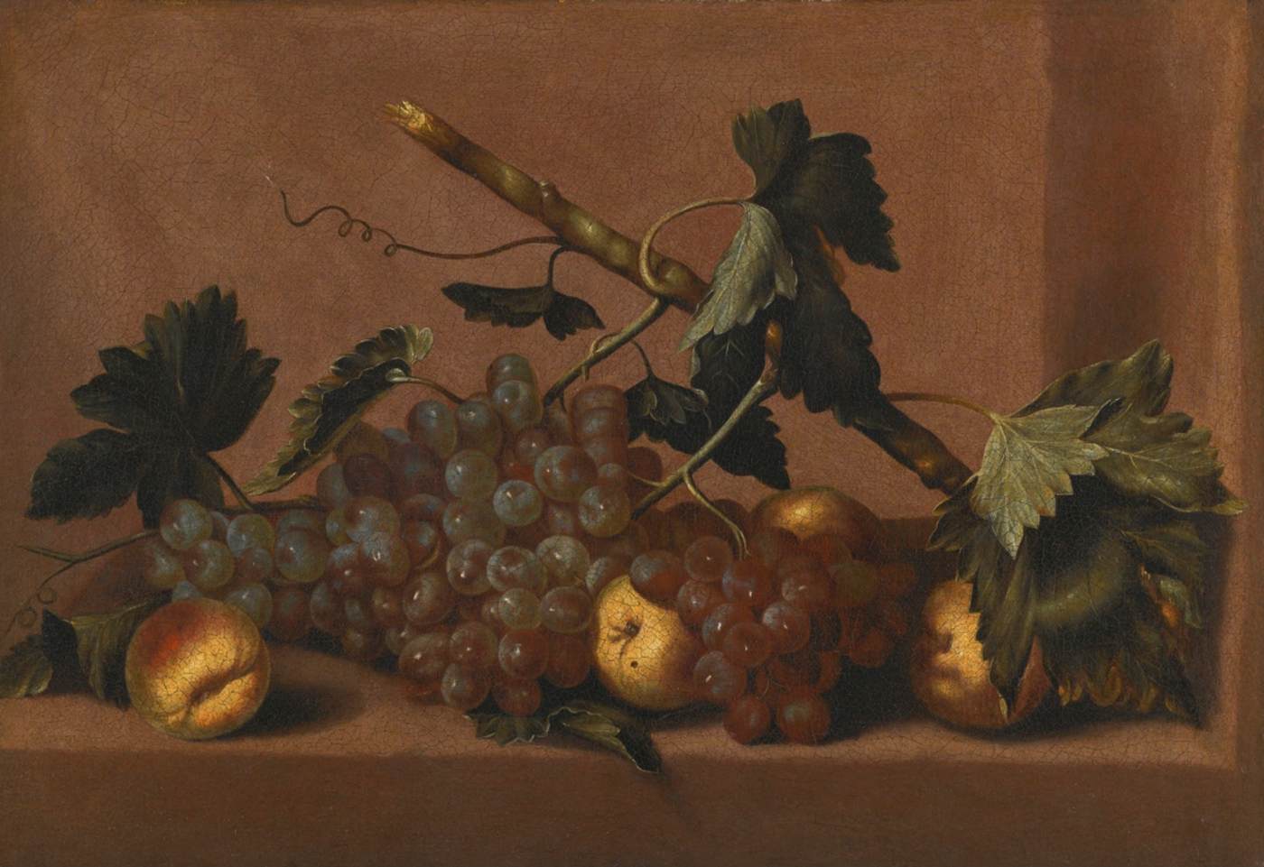 Still Life of Peaches and Grapes on a Stone Ledge