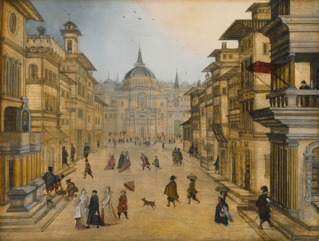 Elegant Figures Walking in a Renaissance City