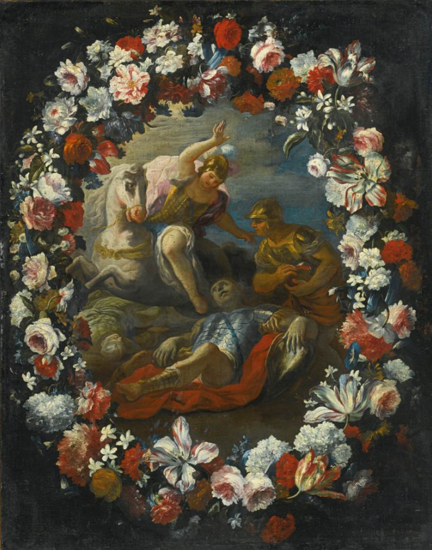 Tancredo und Eminia, umgeben von einer Blumengirlande