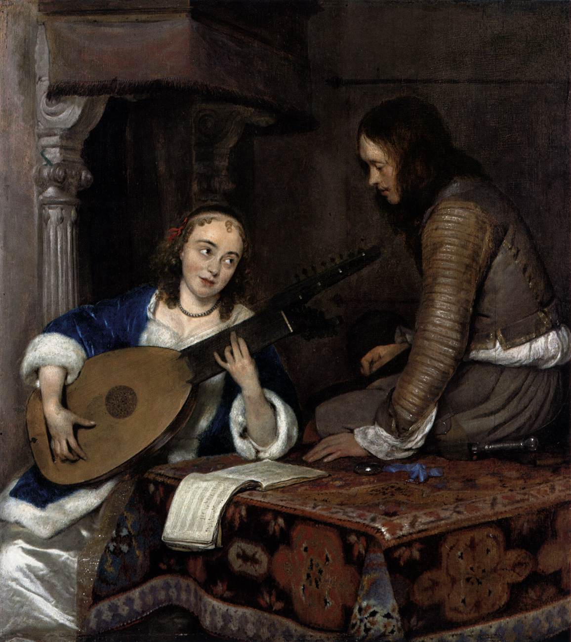 Mulher tocando theorbo-lute e um cavaleiro