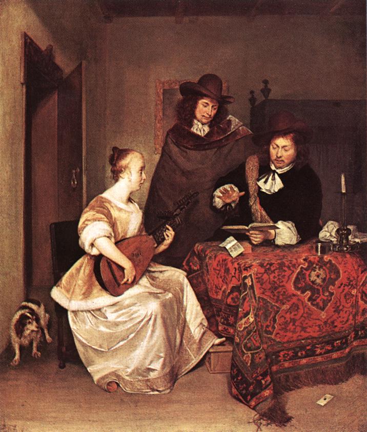 En ung kvinde, der spiller en teorbo til to mænd