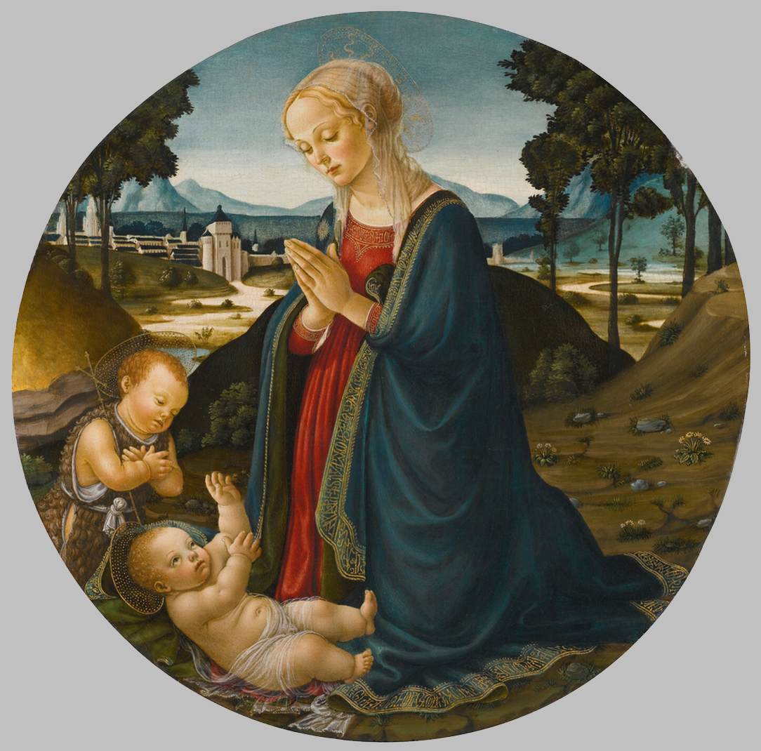 Jomfruen og barnet med babyen San Juan Bautista i et landskab