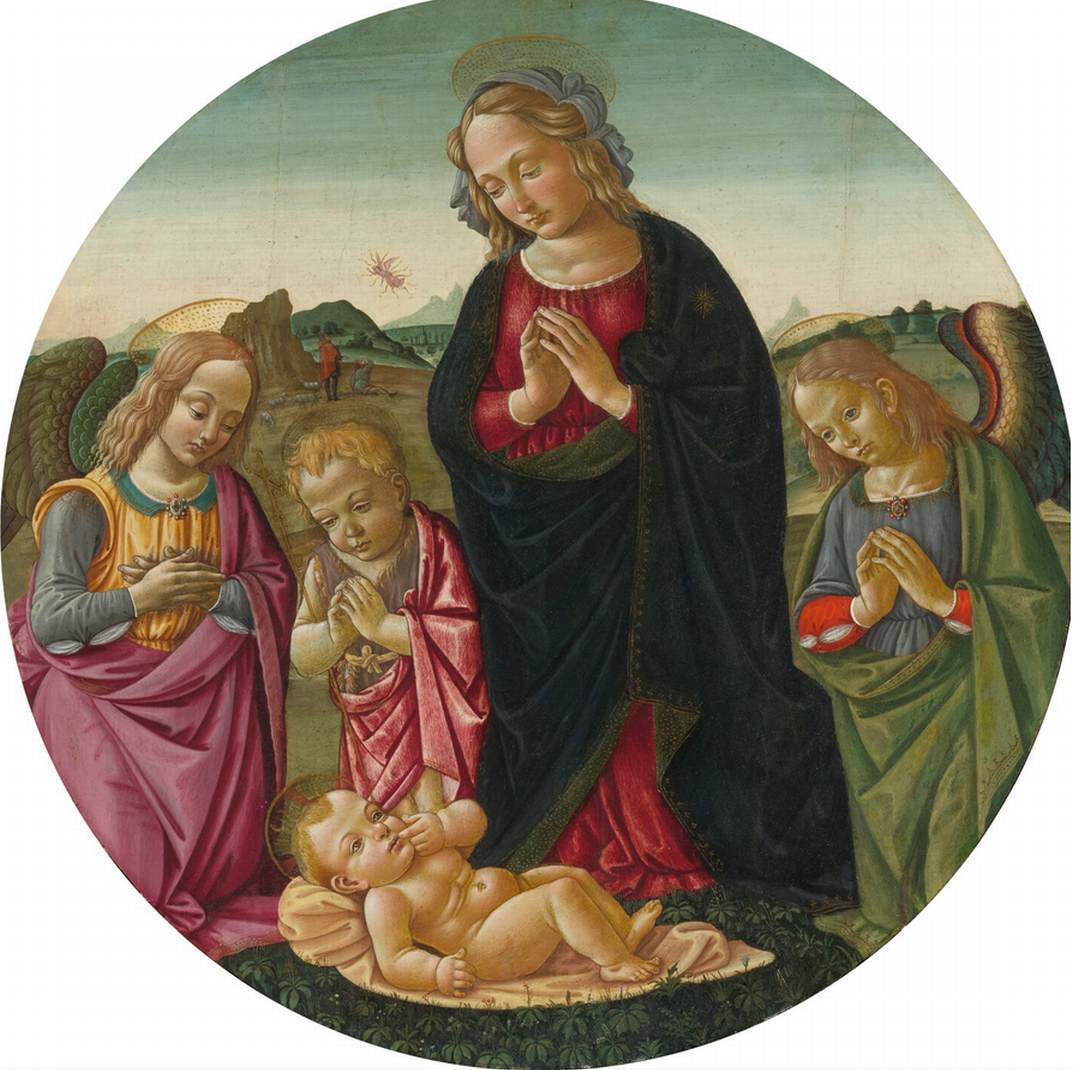 Die Jungfrau und der Infante Saint Johannes der Täufer verehren das Kind Jesus Christus mit zwei Engeln