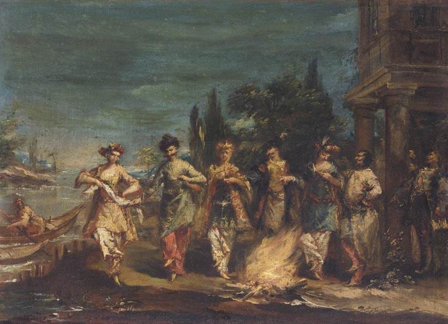 Trois couples à robe exotique dansant devant un feu