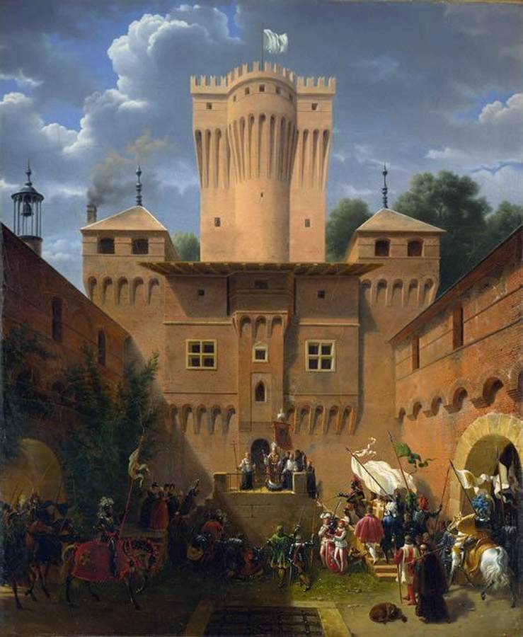 Crusaders che lasciano Wuflens Castle, vicino al lago Ginevra