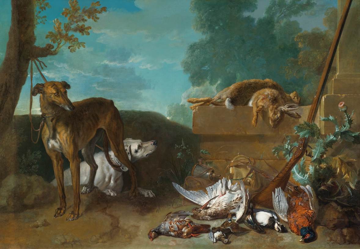 Dois cães de caça com lebres e aves de caça