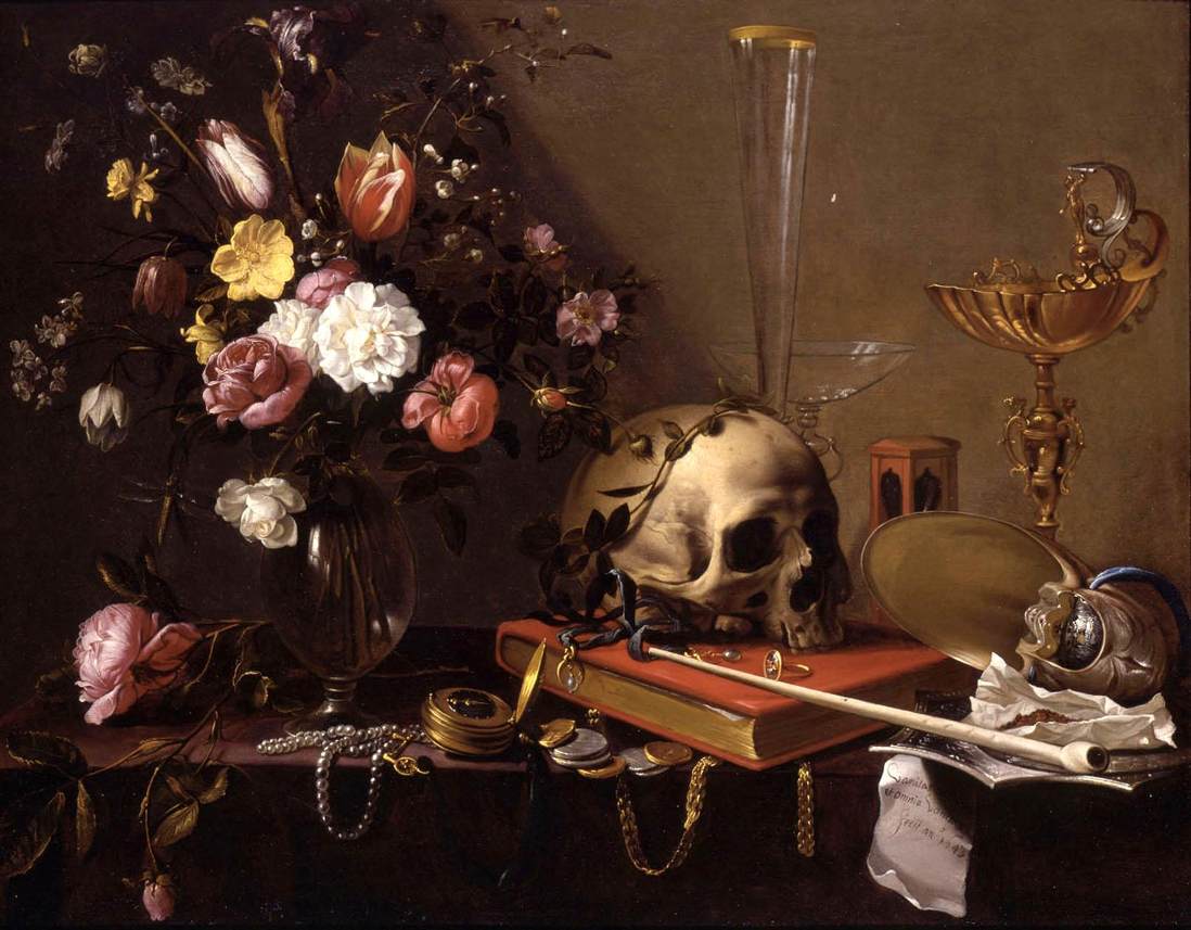 Bodegón de Vanitas mit einem Blumenstrauß und einem Schädel