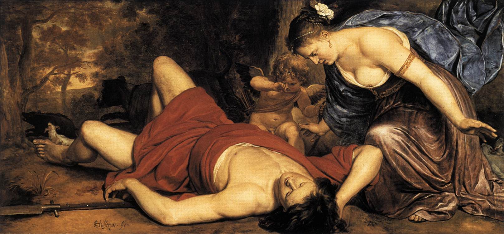 Vénus et amour pleurer la mort d'Adonis