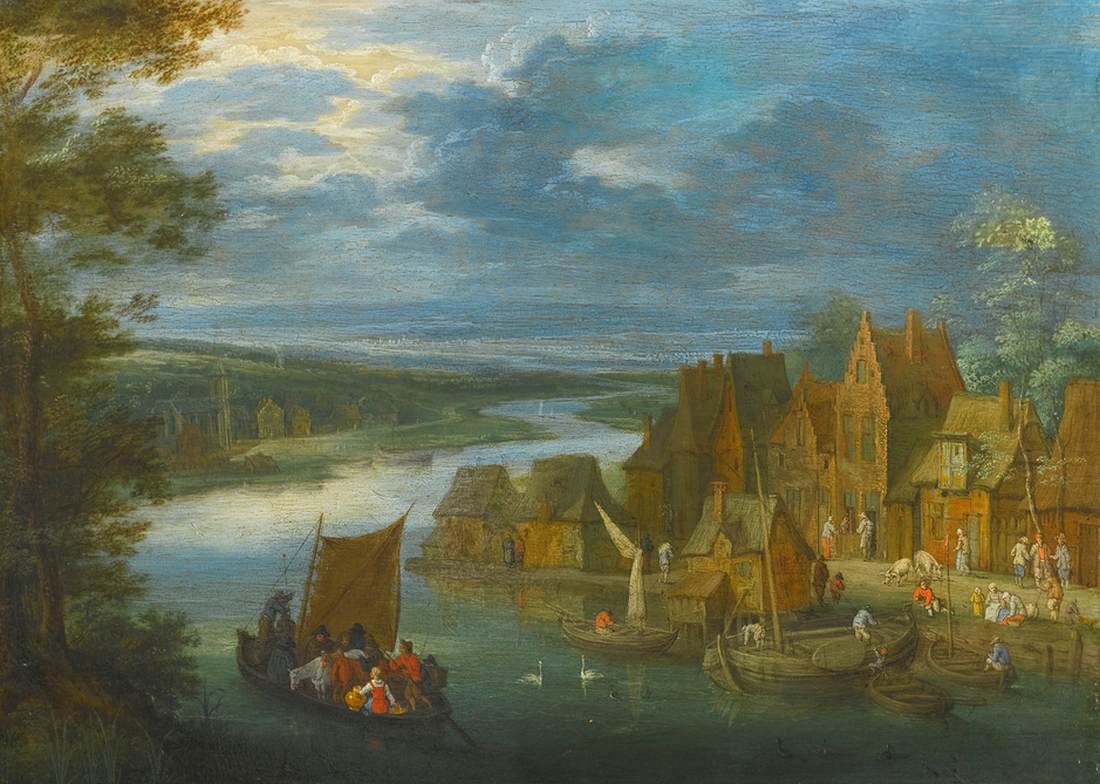 Town by a River with a Sailing Boat