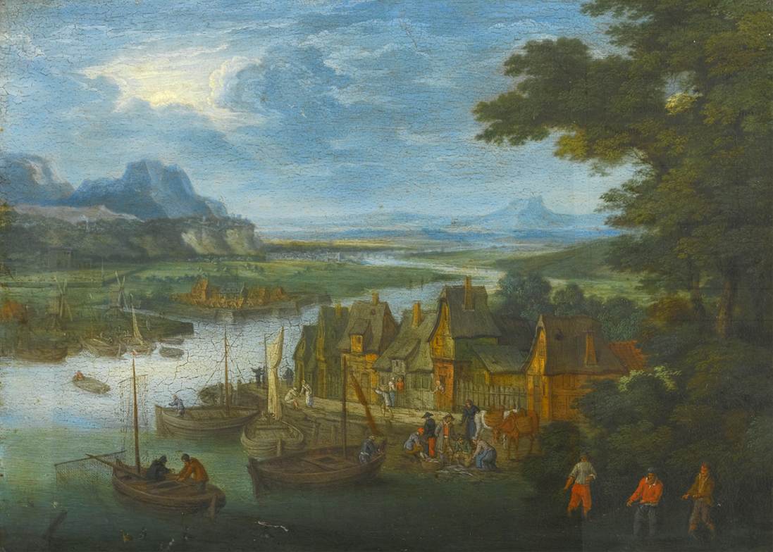 Town by a River with Fishermen