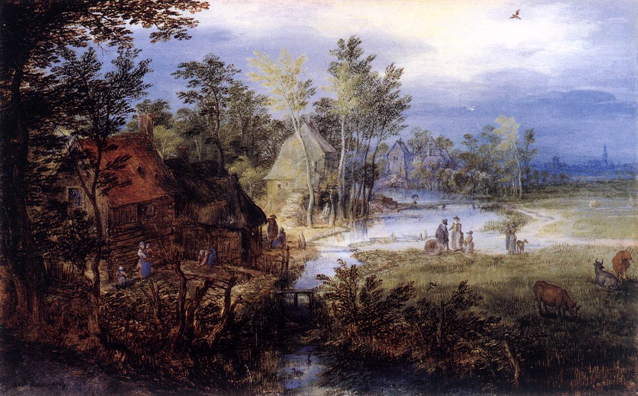 Village Scene with Figures and Cows